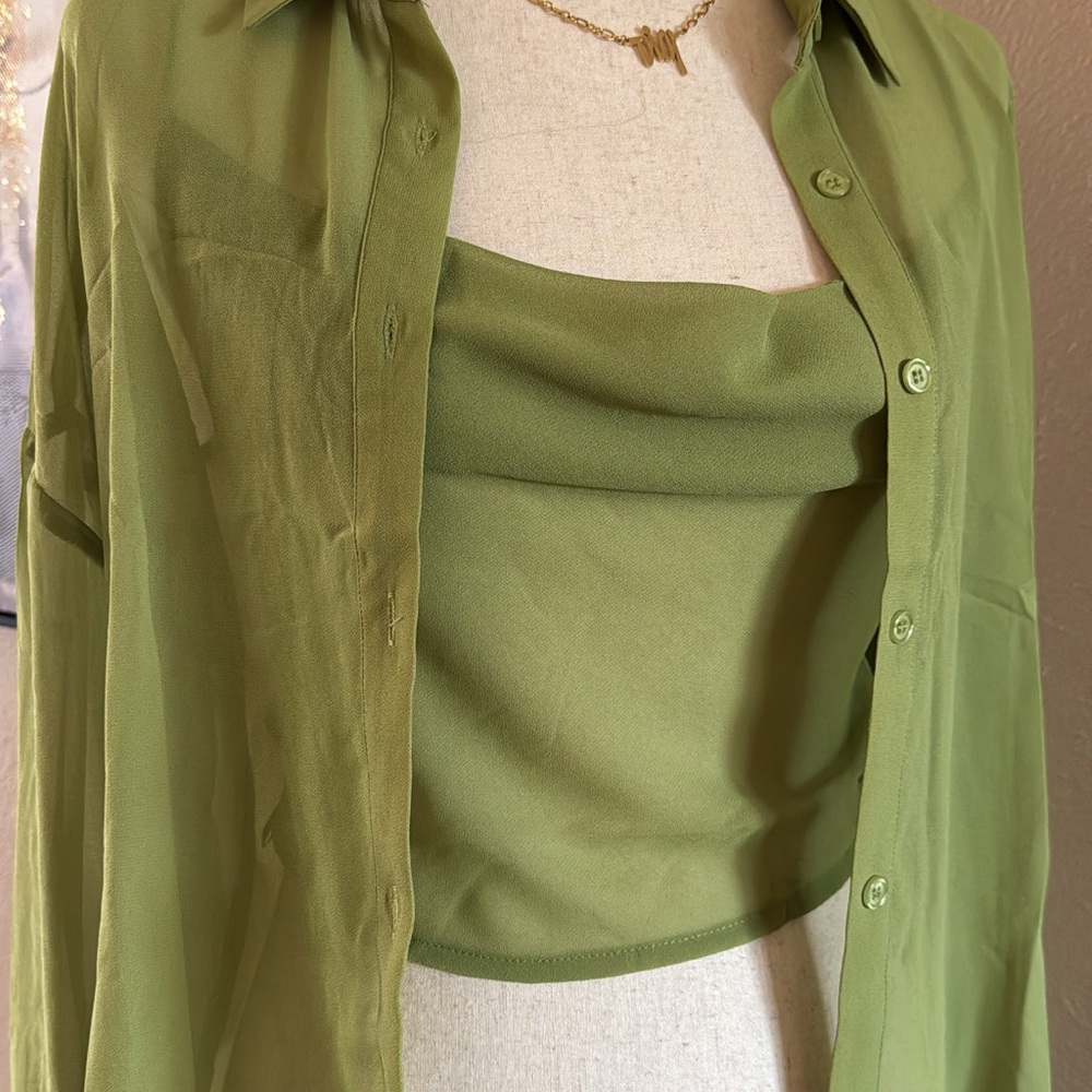 Chic Lime Green Sheer Blouse Set - Picture 7 of 14